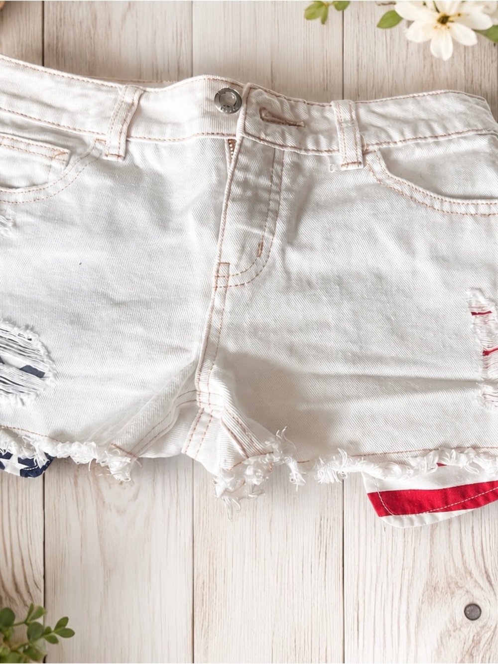 Justice White Distressed Denim Shorts with Red & Navy Trim 680